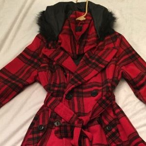 Black and red winter trench coat